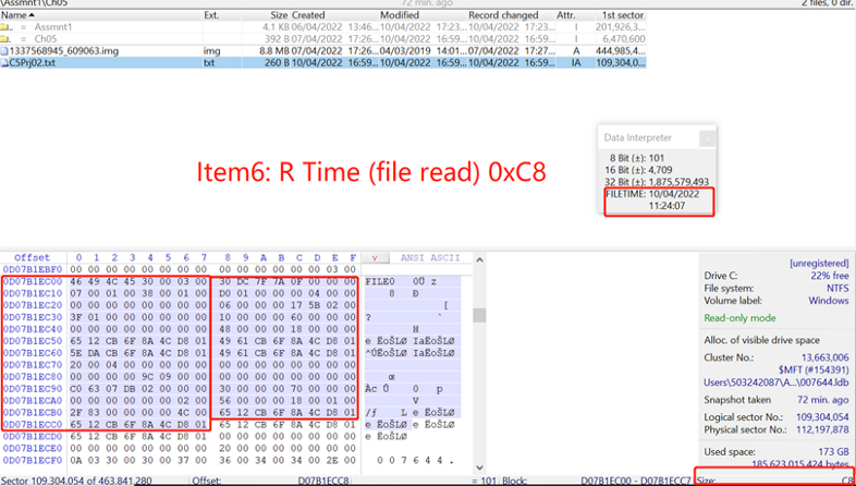 Рисунок 14. Чтобы проанализировать и определить значение смещения 0xC8 из записи MFT текстового файла.