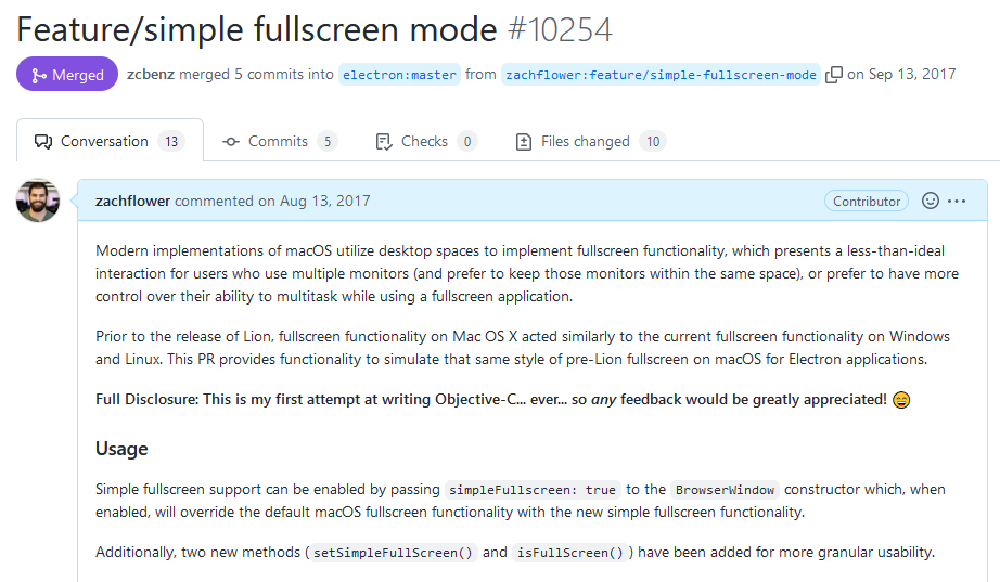 Pull Request to provide the functionality to simulate the pre-Lion fullscreen style on macOS for Electron applications