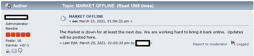 First announcement by administrator that the Market is down March 23rd
