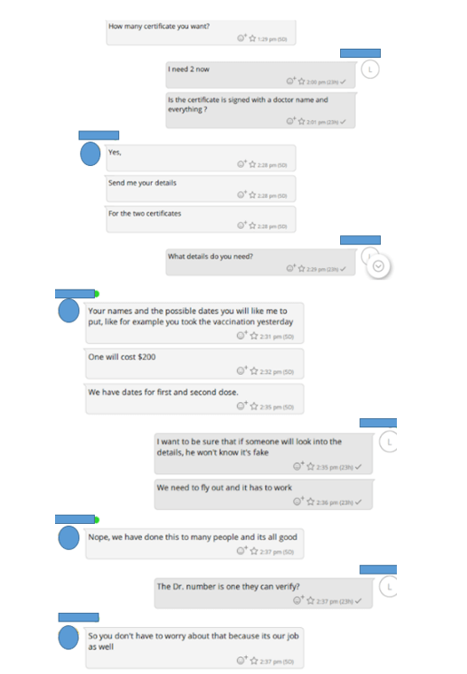 CORRESPONDENCE WITH VACCINATION CERTIFICATE SELLER