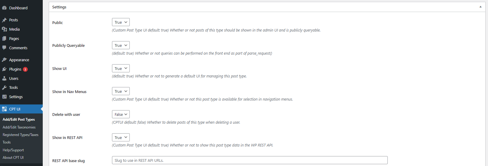 CPT UI settings