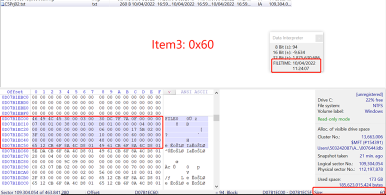 Рисунок 11. Анализ и идентификация значения смещения 0x60 из записи MFT текстового файла.