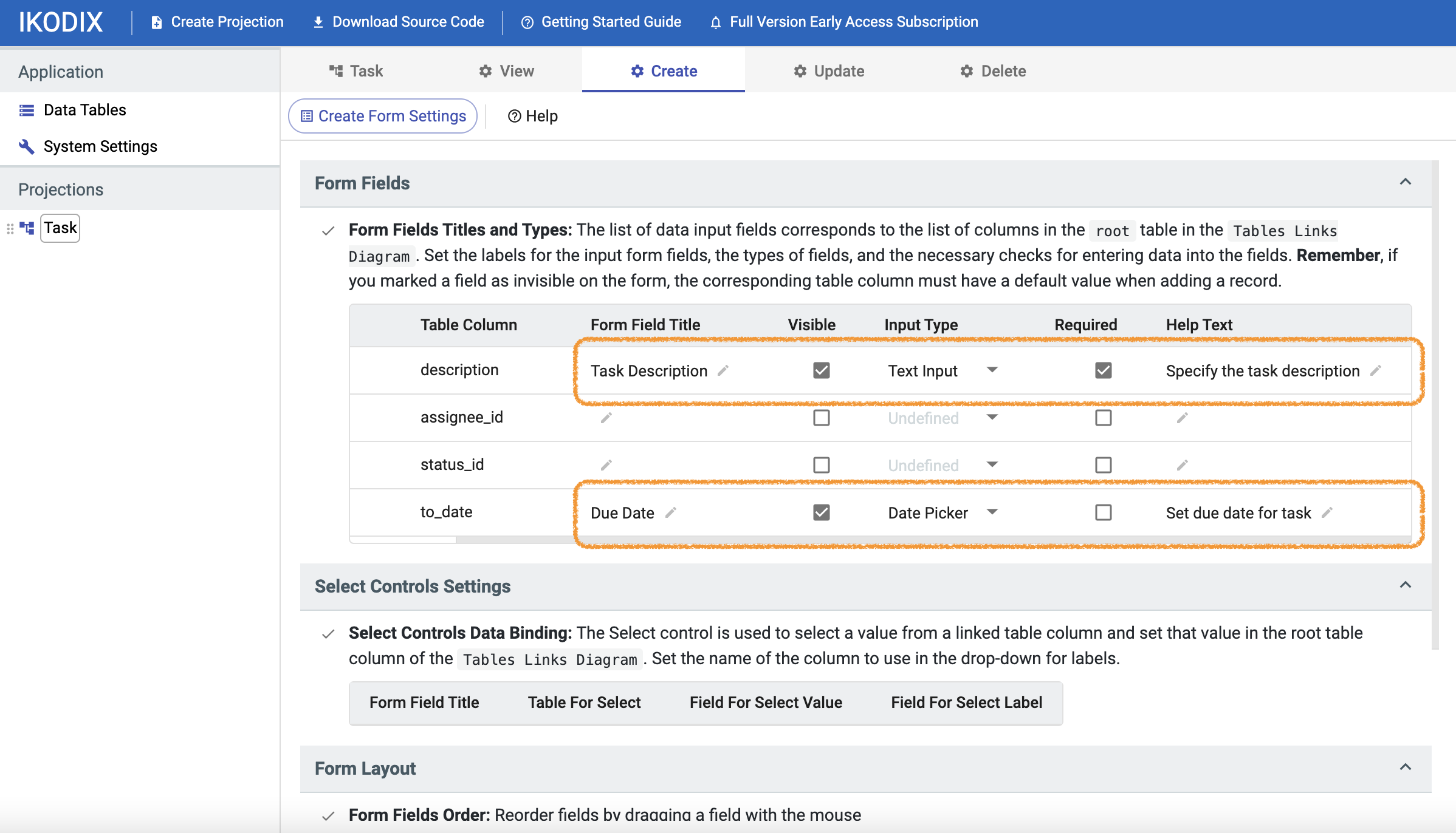 Create Form for the task table