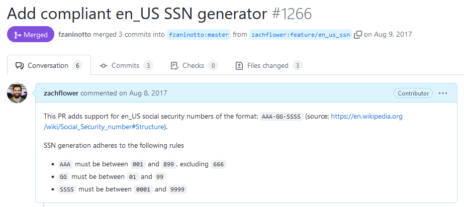 Pull Request to add support for US Social Security Numbers (SSN) to Faker