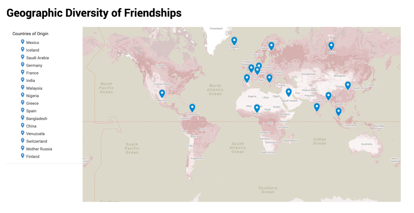 Разнообразие дружеских отношений, подготовленных через Google My Maps