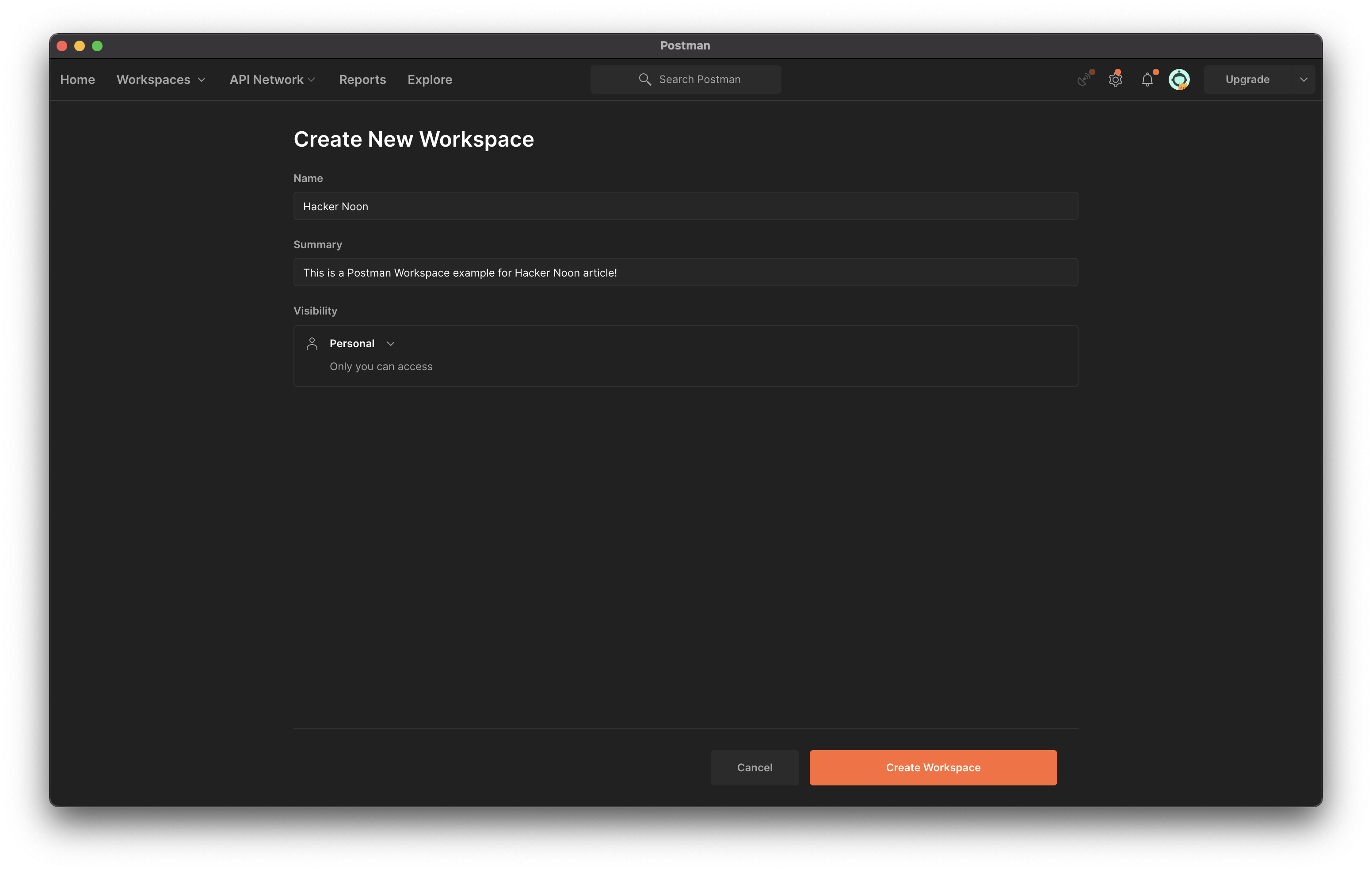 Creation of a new Workspace in Postman