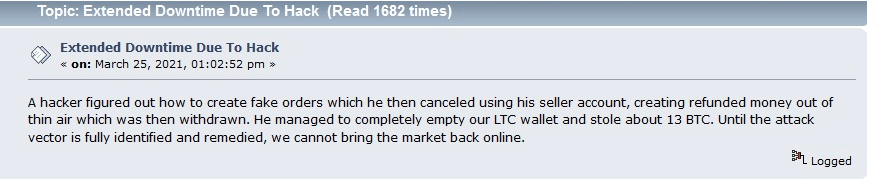 Market place admin announcing the hack from March 25th