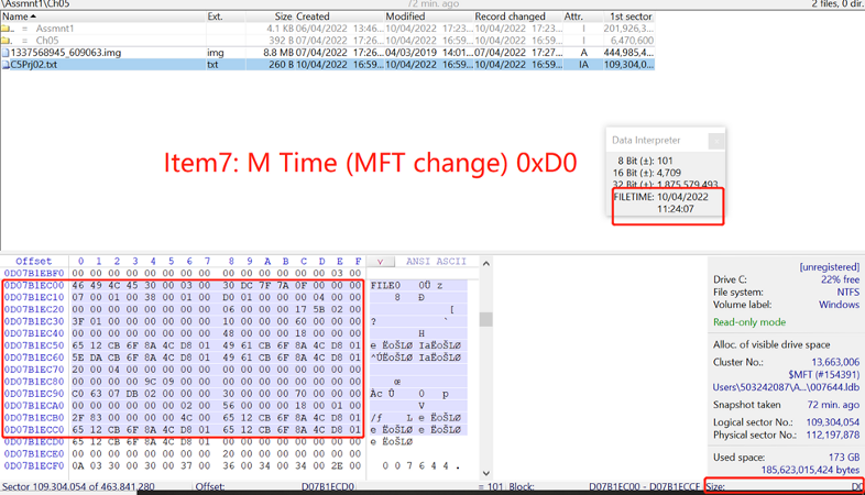 Рисунок 15. Чтобы проанализировать и определить значение смещения 0xD0 из записи MFT текстового файла.