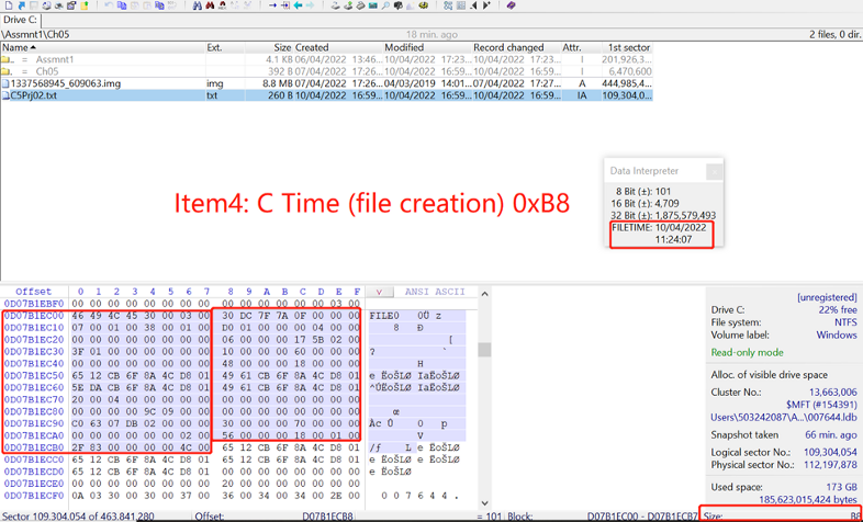 Рисунок 12. Анализ и идентификация значения смещения 0xB8 из записи MFT текстового файла.