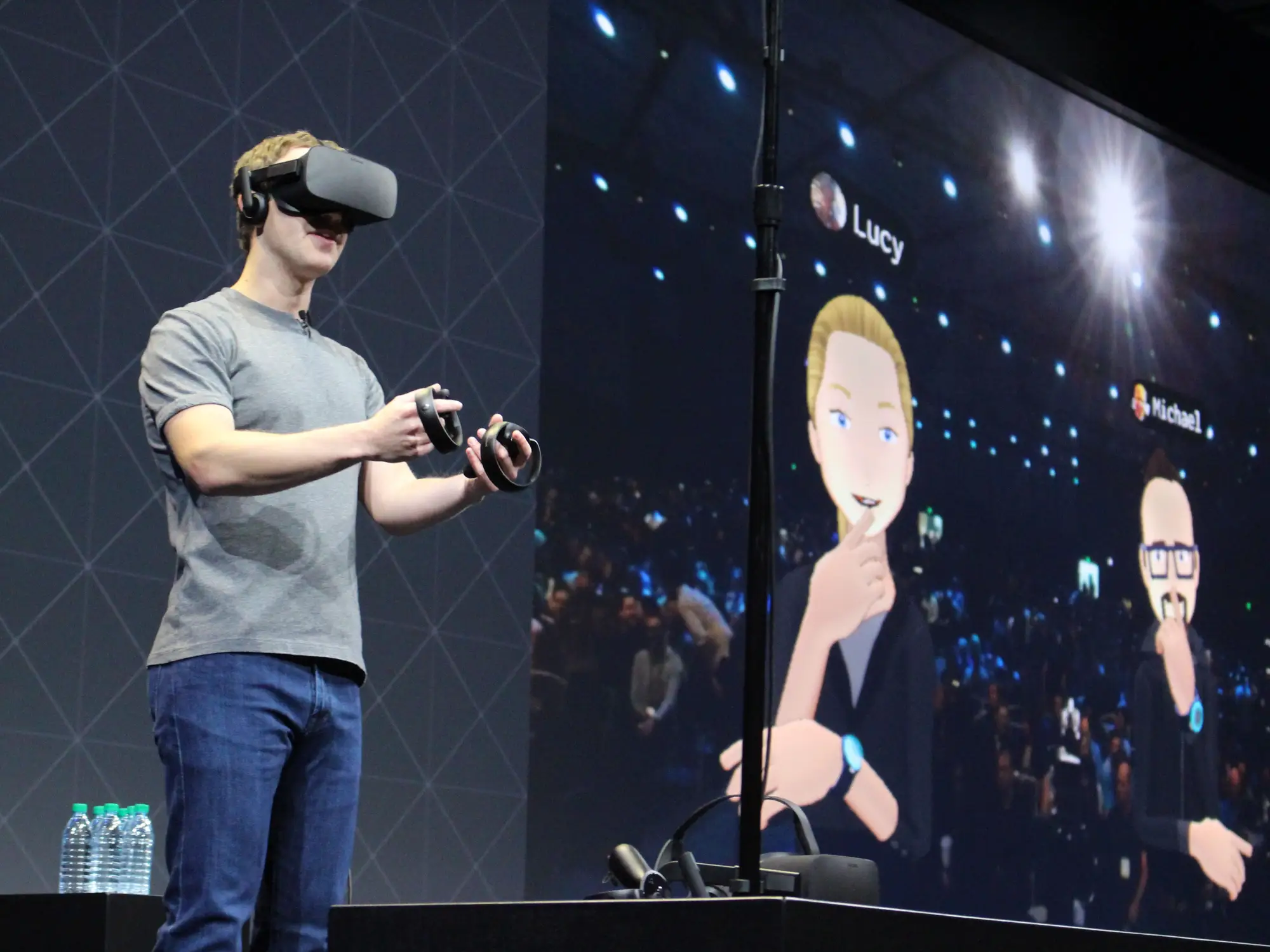 Facebook CEO Mark Zuckerberg on stage at an Oculus developers conference in 2016. Glenn Chapmann/AFP via Getty Images
