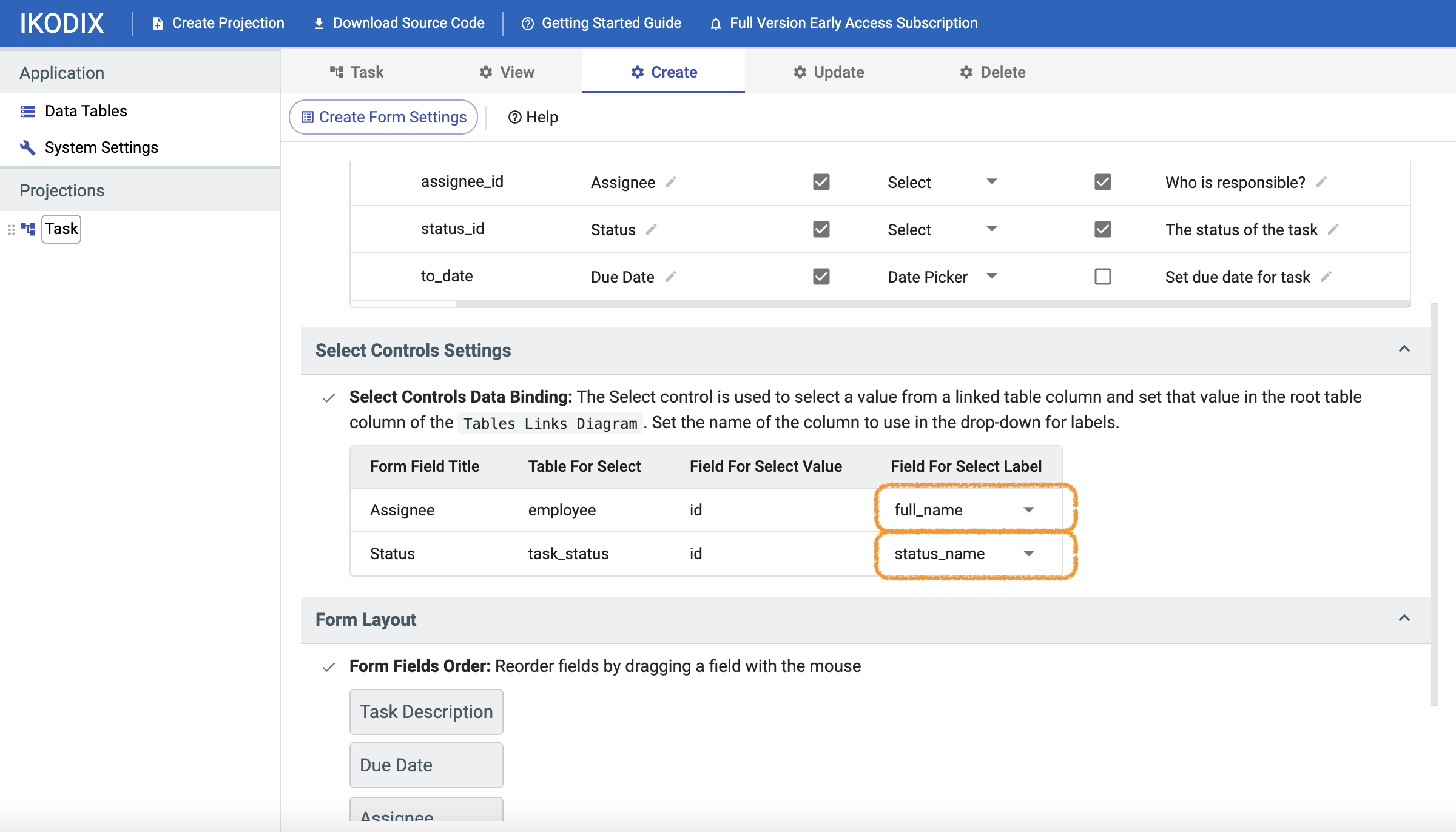 Select controls settings