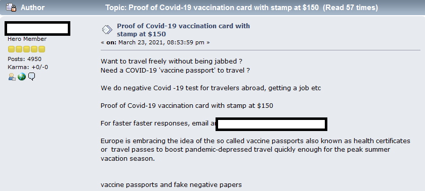 Selling COVID-19 vaccination cards and negative test papers