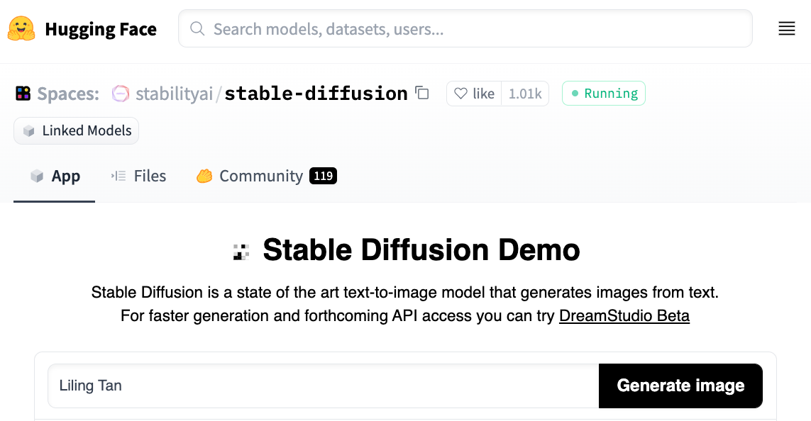 Screenshot of the Stable Diffusion Demo on Huggingface