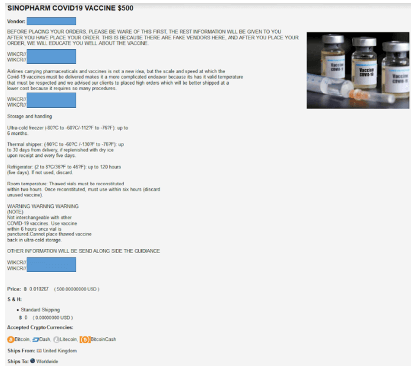 SINOPHARM COVID19 VACCINE ADVERTISED FOR $500