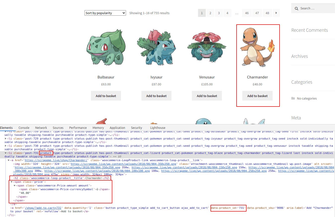 Product (Charmander) in DevTools