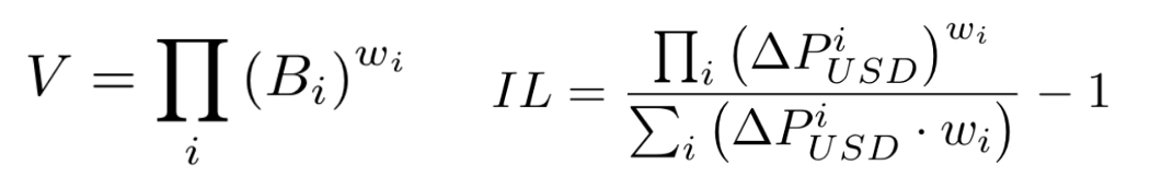 Balancer’s value function (left) and impermanent loss equation (right) [medium.com/balancer-protocol/calculating-value-impermanent-loss-and-slippage-for-balancer-pools-4371a21f1a86]