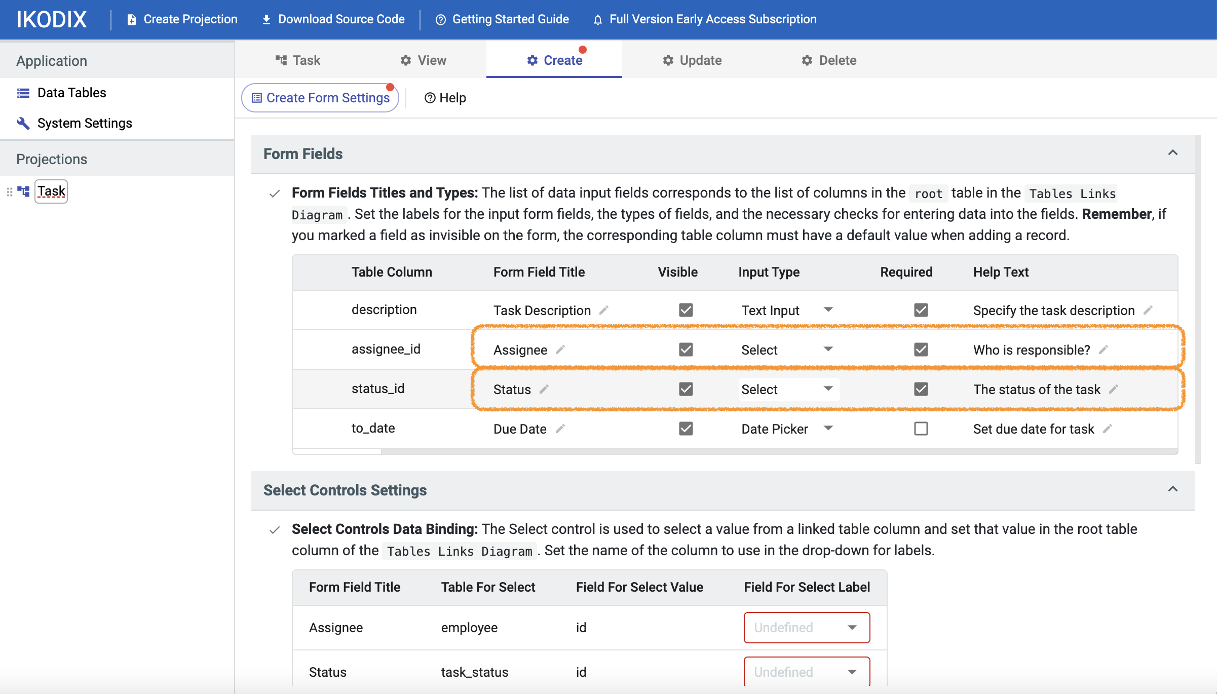 Create Form for the task table