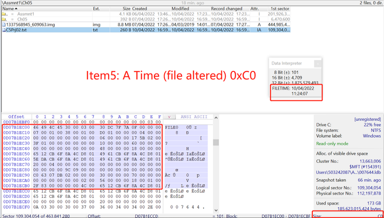 Рисунок 13. Чтобы проанализировать и определить значение смещения 0xC0 из записи MFT текстового файла.