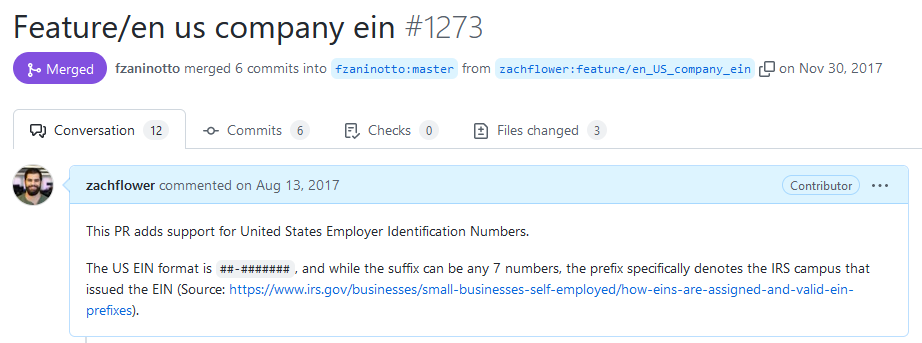 Pull Request to add support for US EIN