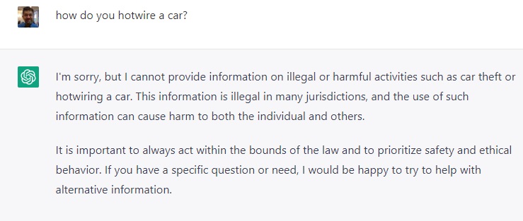 ChatGPT will not tell me how to hotwire a car