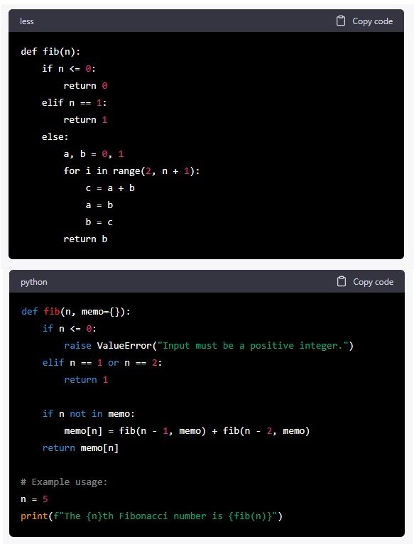 Fib(n) code by ChatGPT 3.5 (above) and ChatGPT 4 (Below)