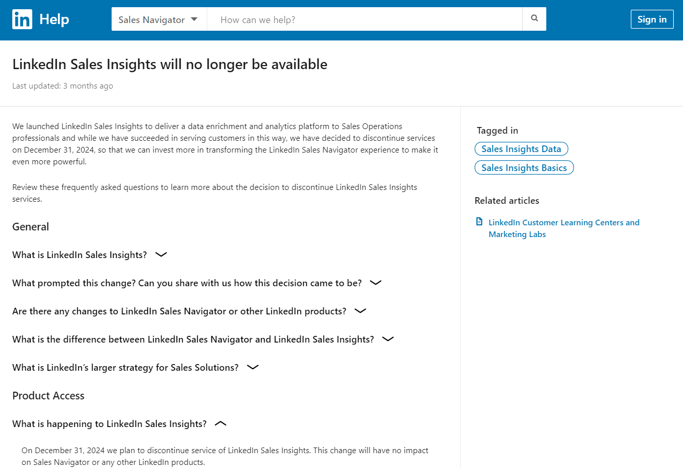 LinkedIn Sales Insights discotinuation announcement