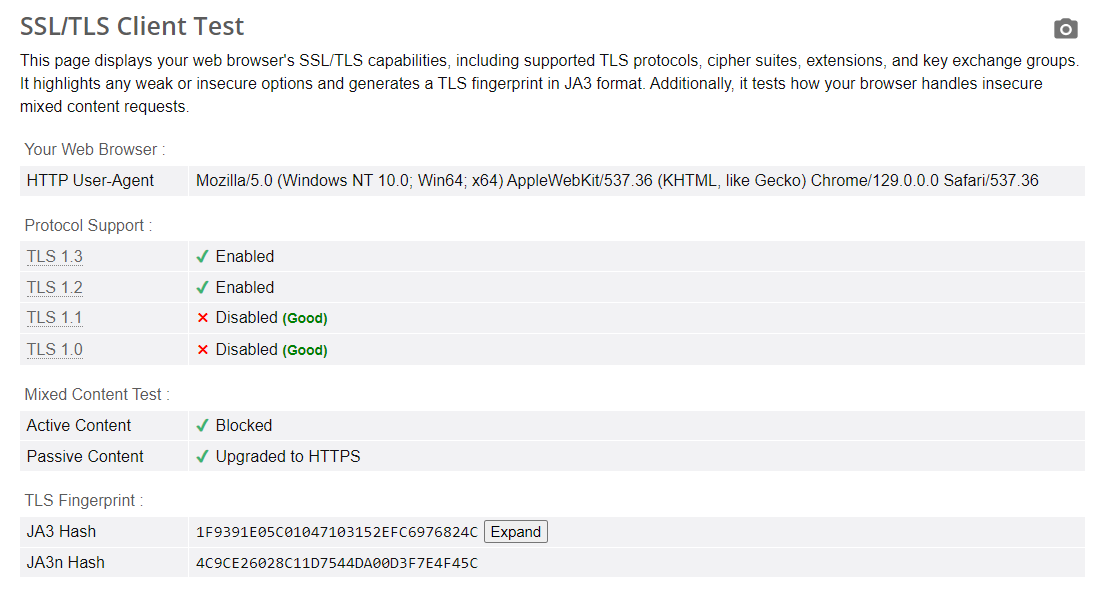 The TLS fingerprint of a Chrome browser from browserleaks.com/tls