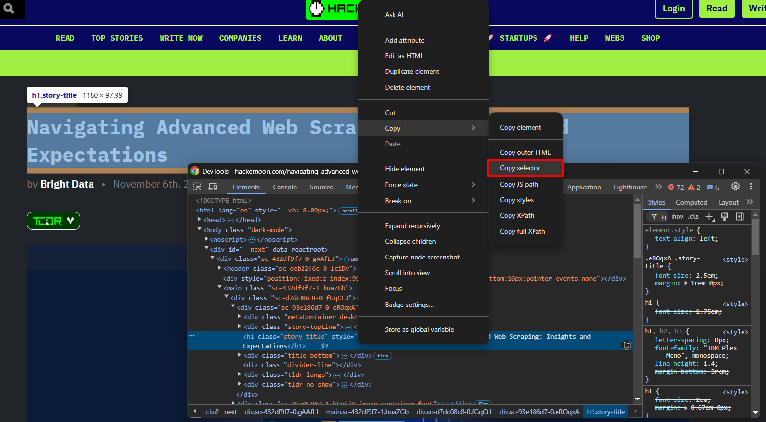Copying the selector from the DevTools