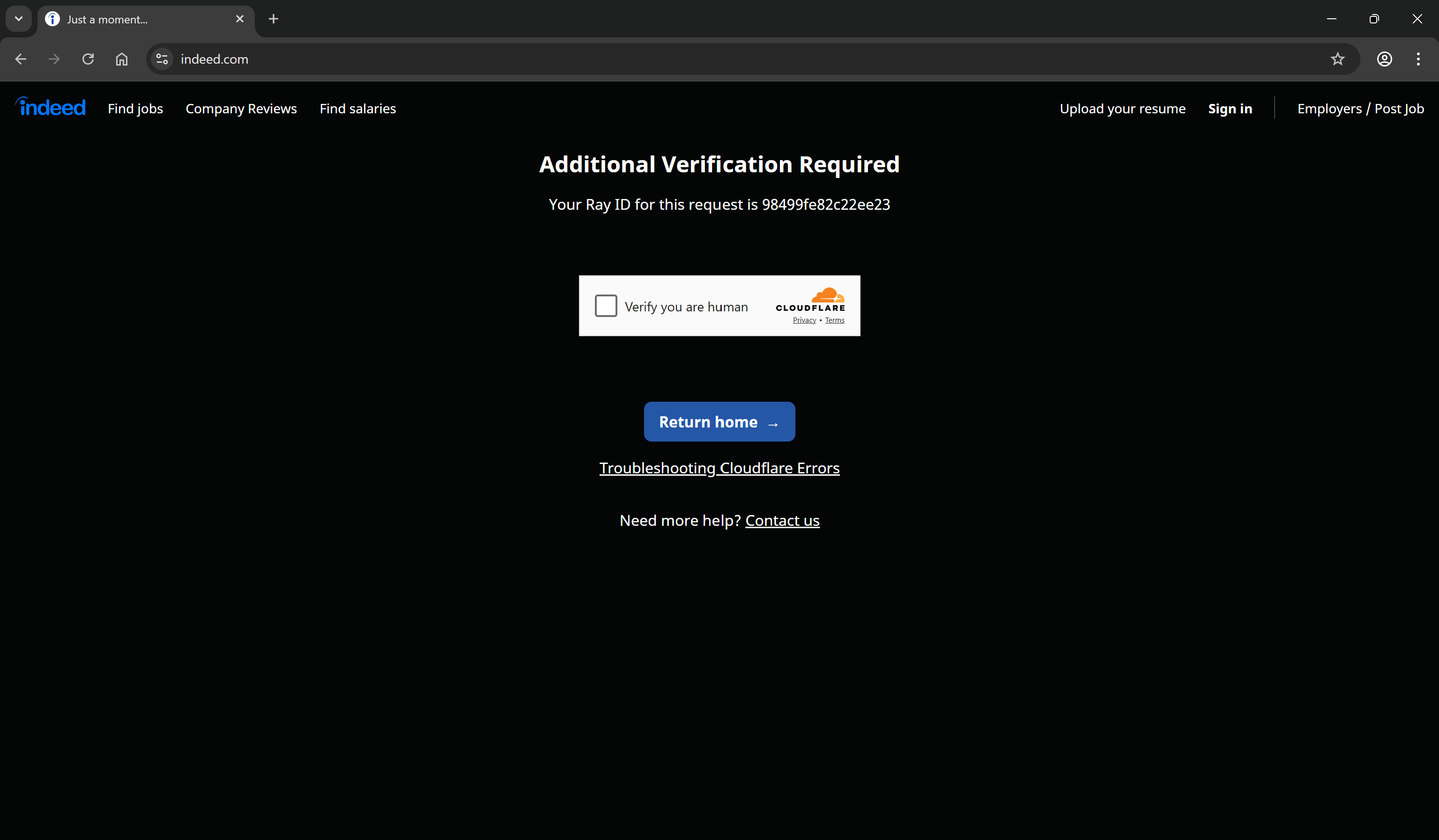 Human verification from Cloudflare on Indeed