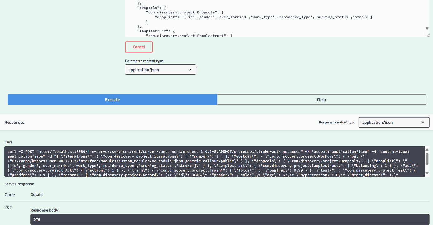 Figure 2 A REST API call to jBPM resulting in a response (ID: 976) with status 201 (“success”)