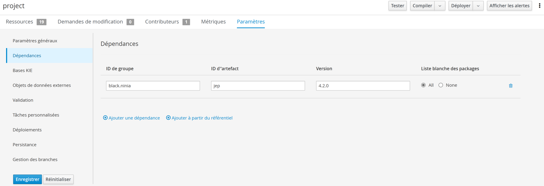 Figure 4 jBPM’s project-level dependency configurator displaying a dependency record for the Jep extension
