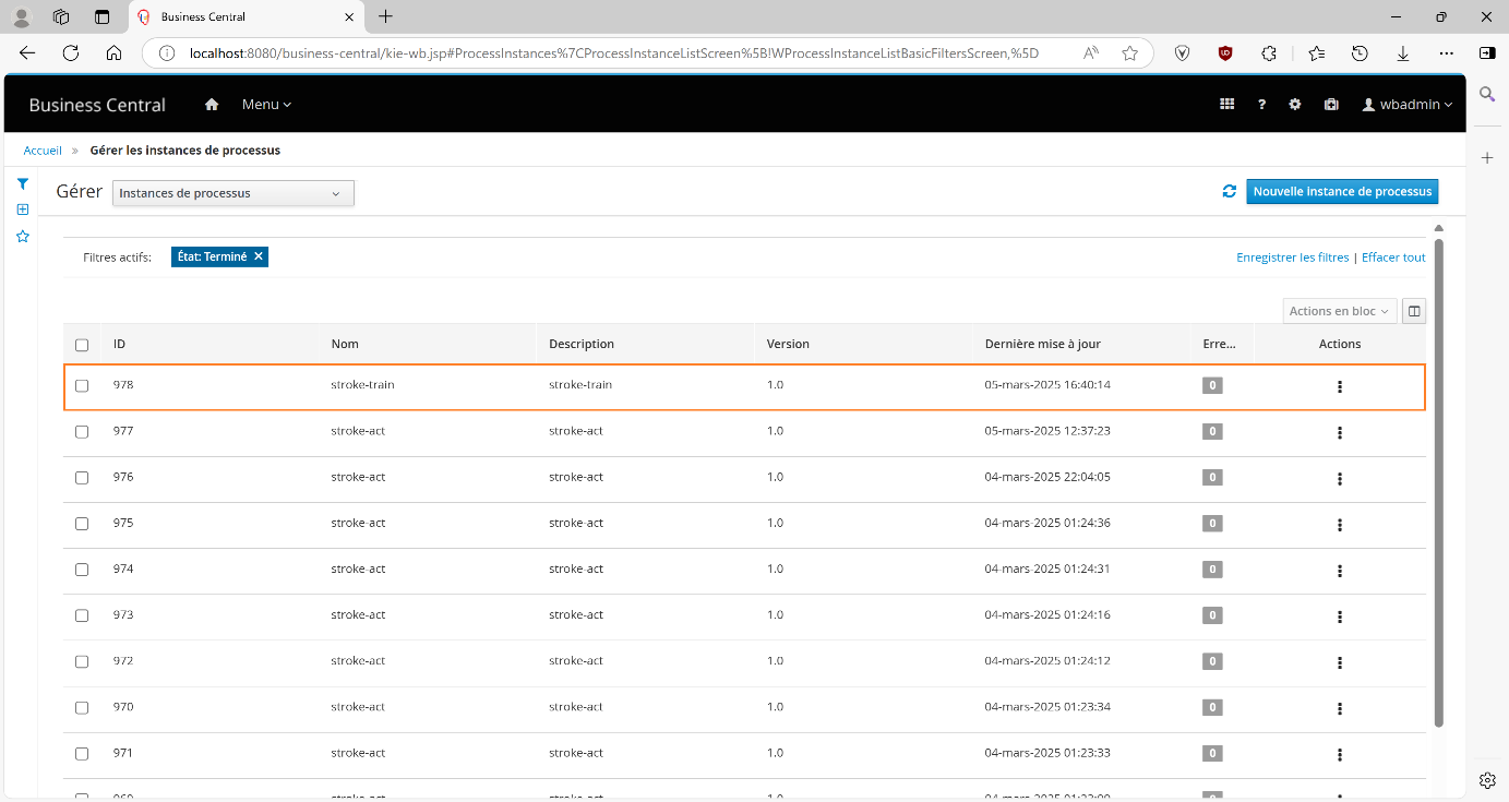 Figure 13 Process instance logging screen in jBPM displaying a train/validate/test request (ID: 978) from an analyst