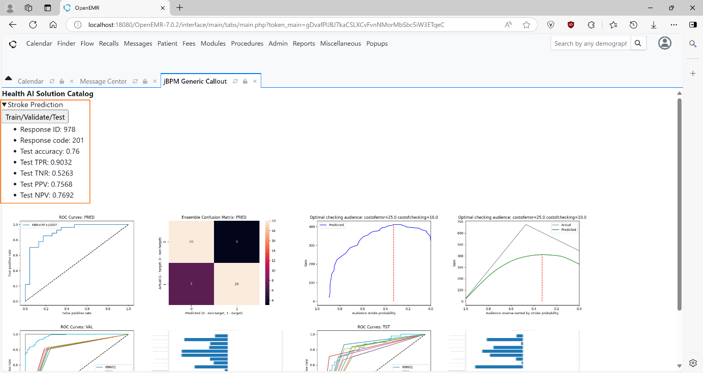 Figure 12 Custom Health AI screen displaying outcomes of train/validate/test requests