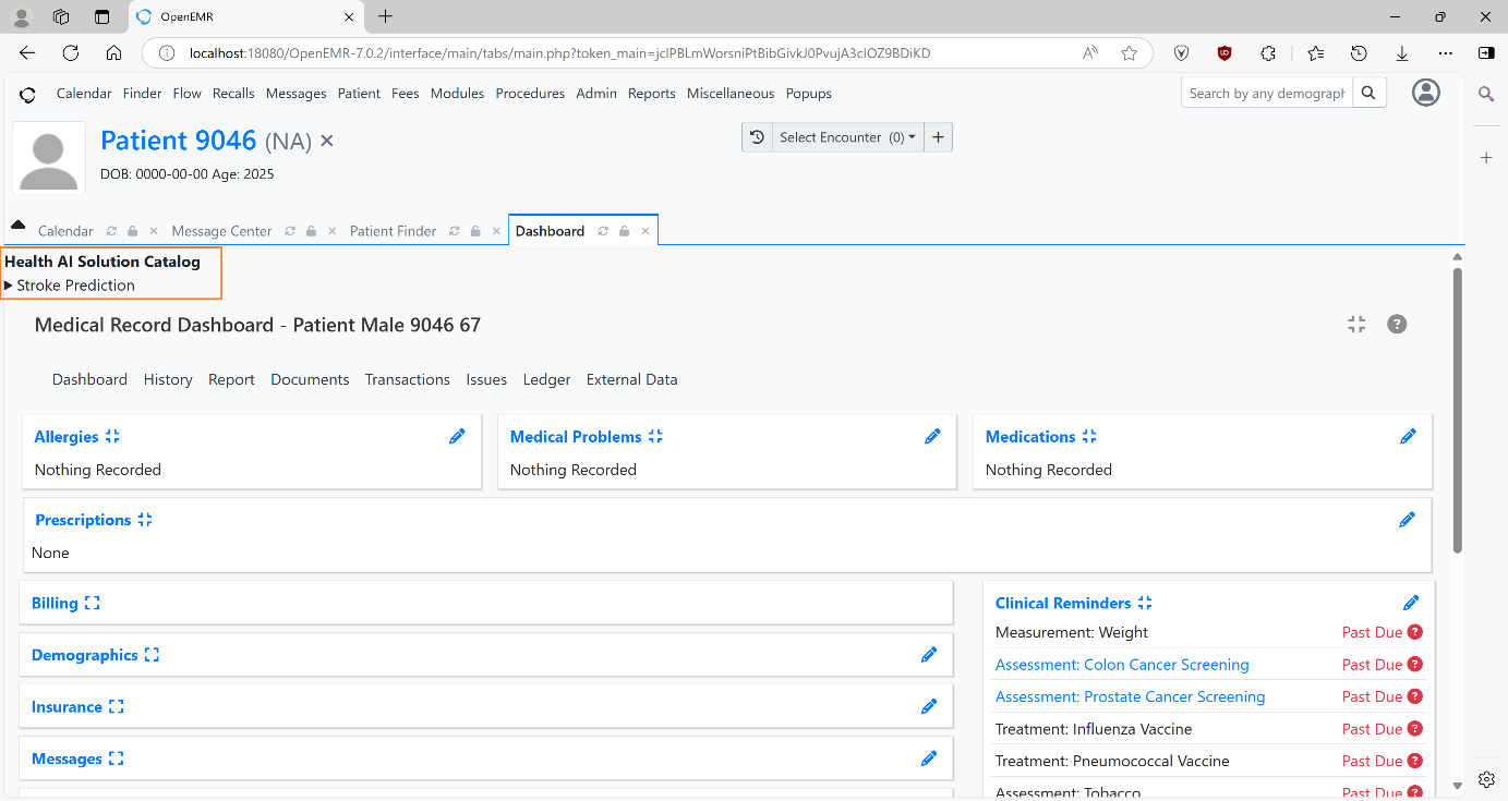 Figure 6 A standard patient file screen in jBPM with a Health AI Solution Catalog