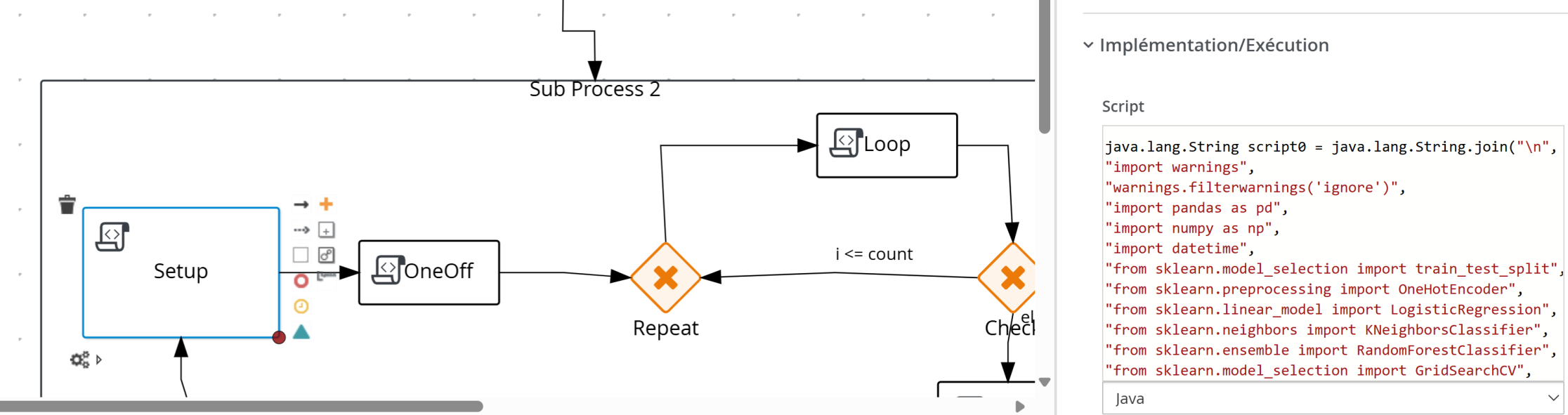 Figure 5 A script task executing Python code wrapped in Java via Jep within a jBPM business process