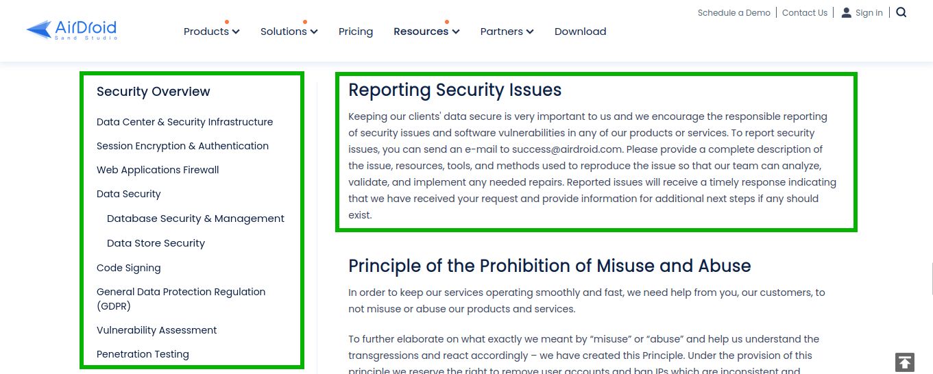  AirDroid.com. The screenshot shows the reporting security issues process.