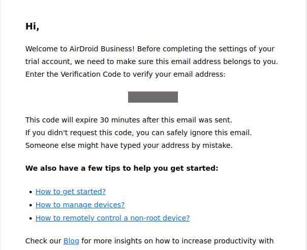  AirDroid Business verification email example.