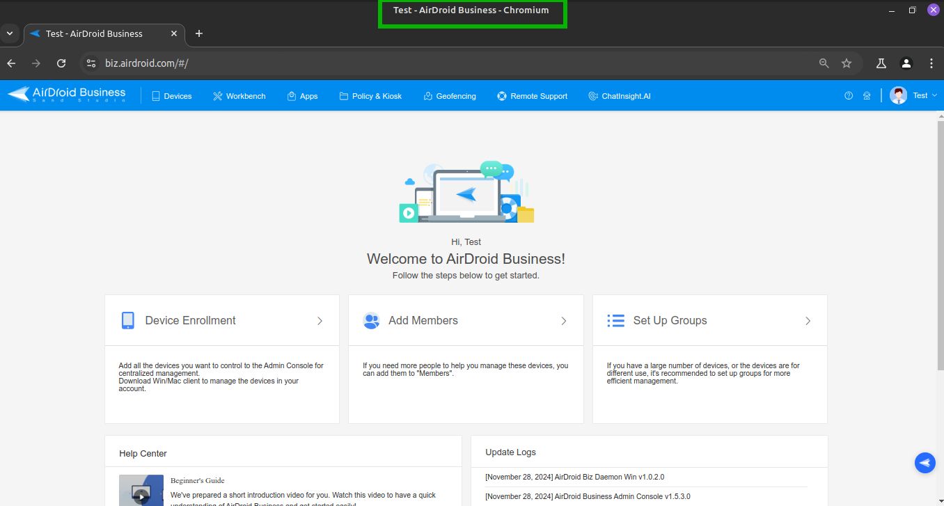  The screenshot shows the AirDroid Business console using Chromium.