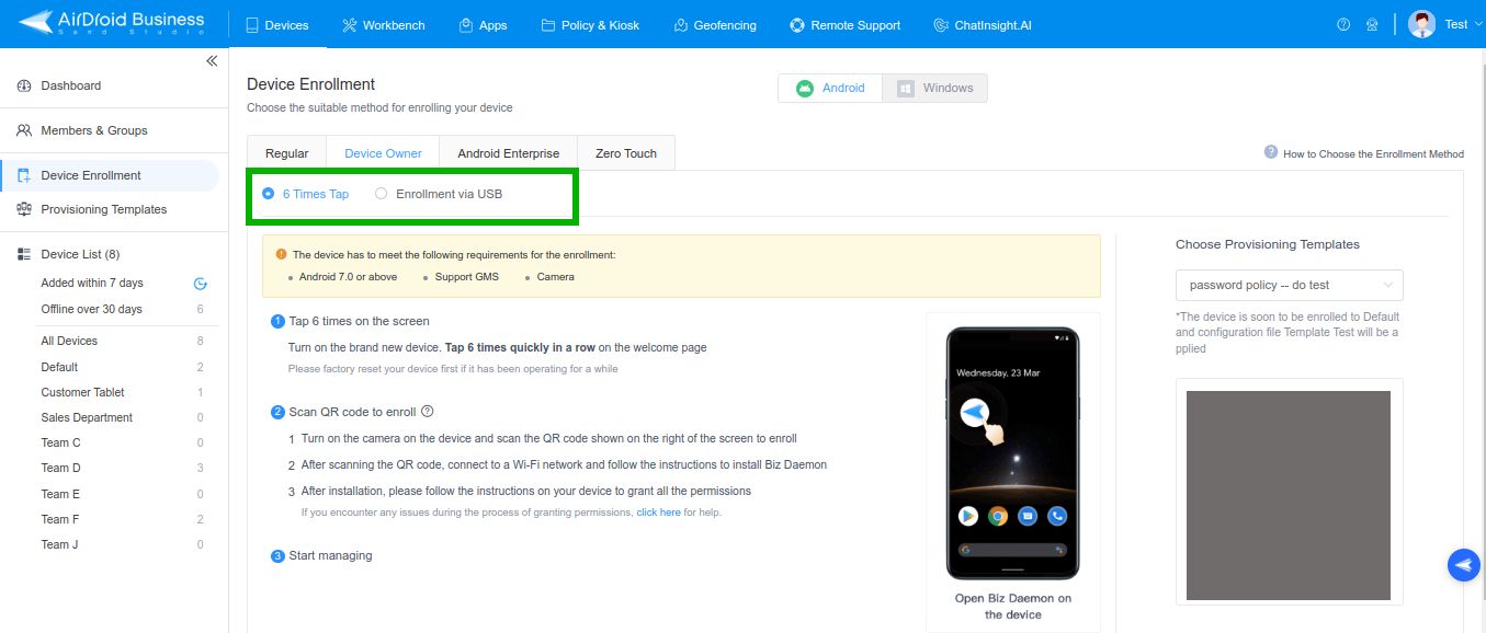  AirDroid Business Android device 6 times tap enrollment screen.