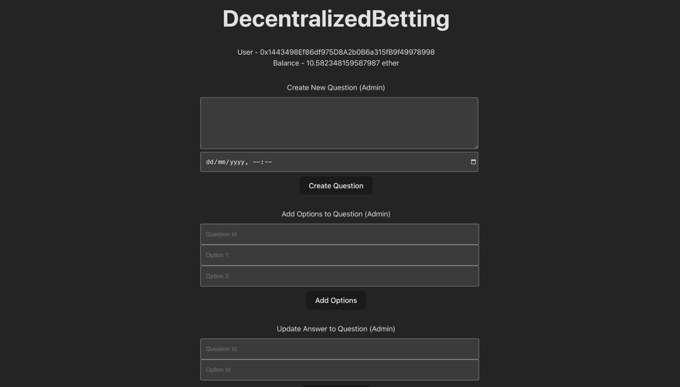 Image of the decentralized betting app's frontend.