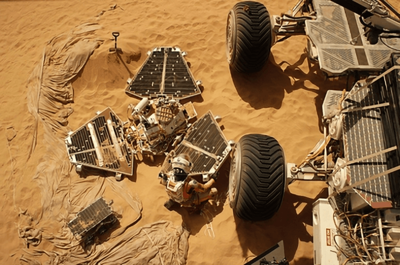 Stills from the movie The Martian — Matt Damon's character near Mars Pathfinder