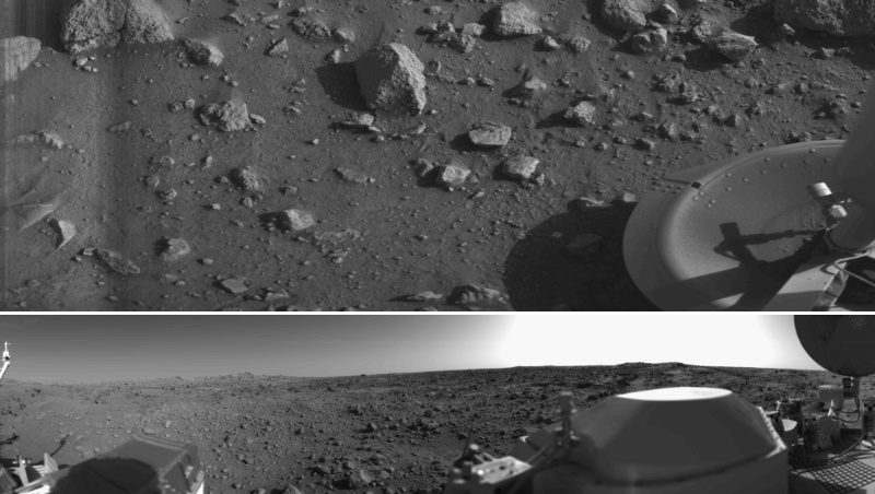 Photograph of the soil and panoramic photo of the surface of Mars taken by the spacecraft