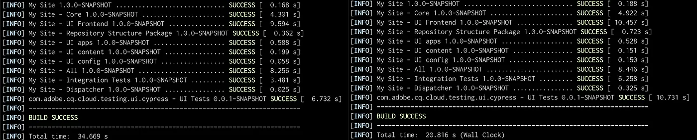 Simple Project — mvn (left) vs mvnd (right) build time