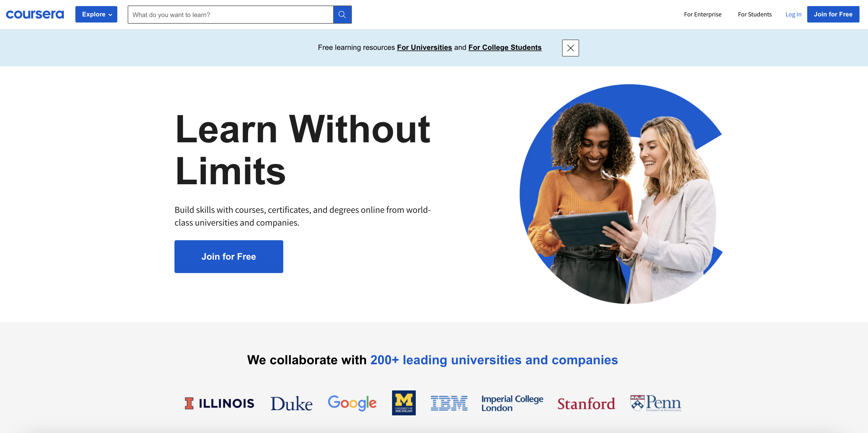 Coursera homepage. Image: Coursera