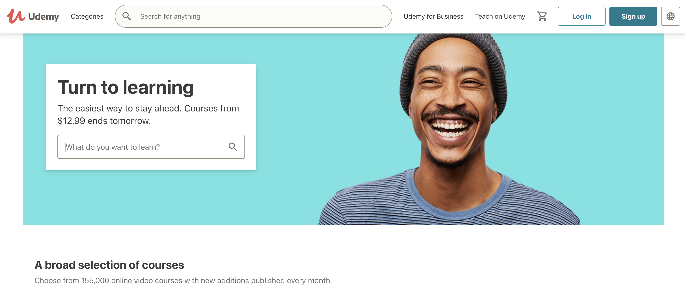 Udemy homepage welcomes with a search recommendation feature. Image: Udemy