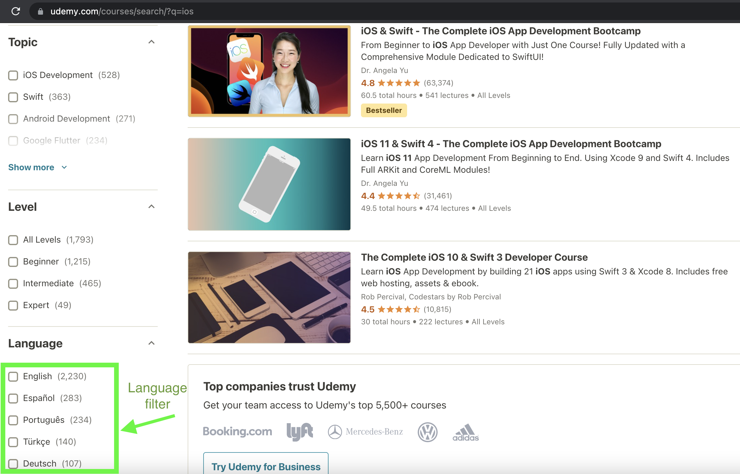 Udemy course-search language filter. Image: Udemy