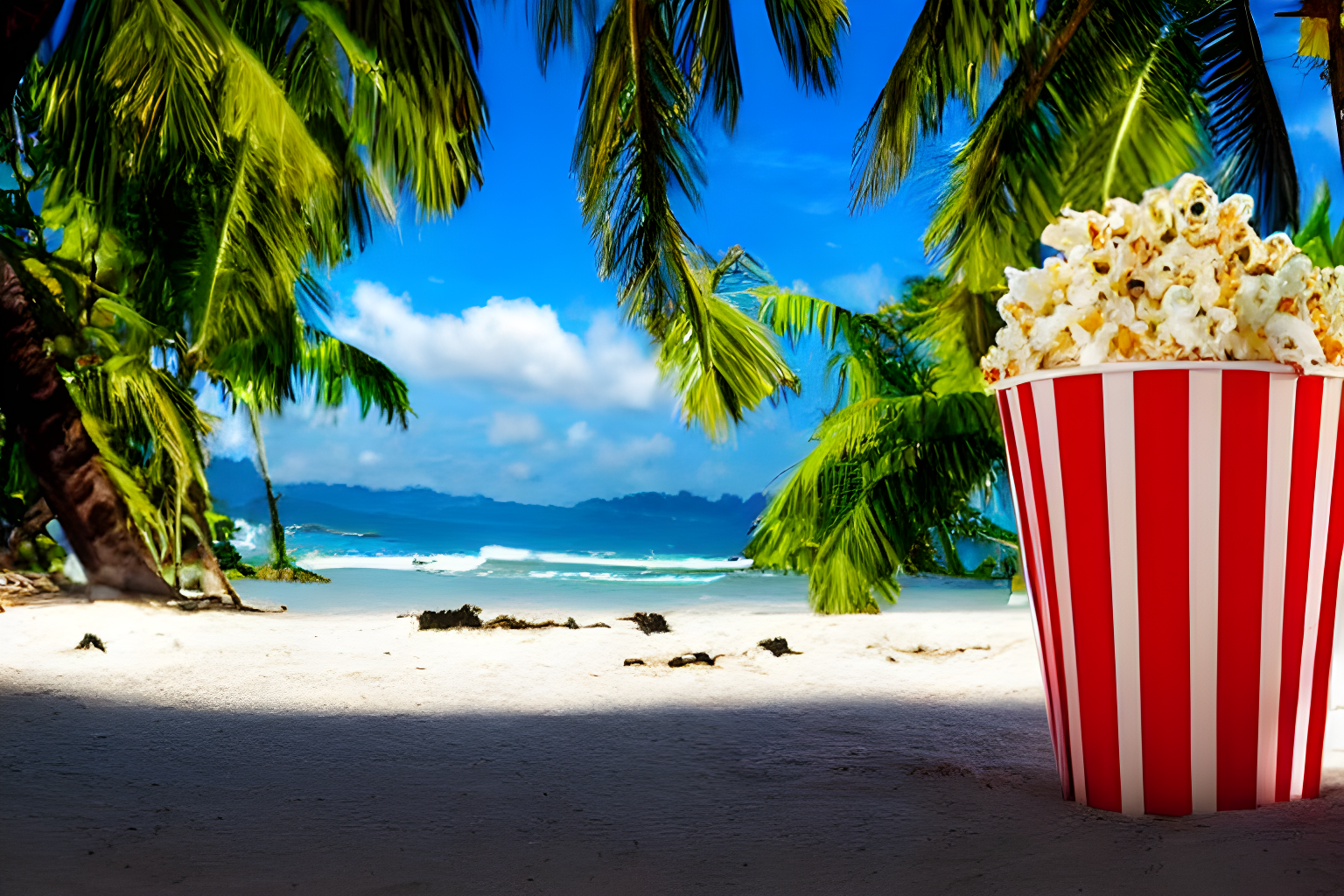 1 popcorn bucket  in the middle of a tropical beach resort from costa rica, hd, dramatic lighting, realistic, detailed