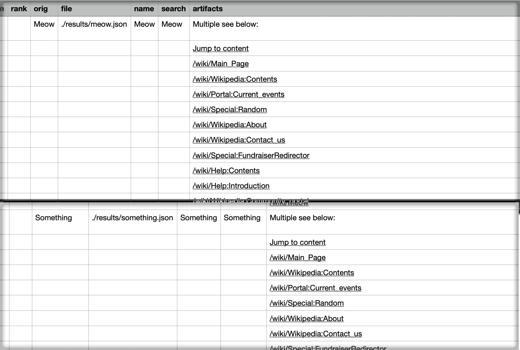 Snippets of the CSV report showing columns and data