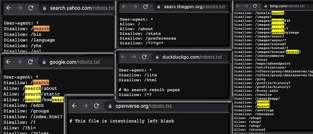 Comparing robots.txt files from a sample of different search engines