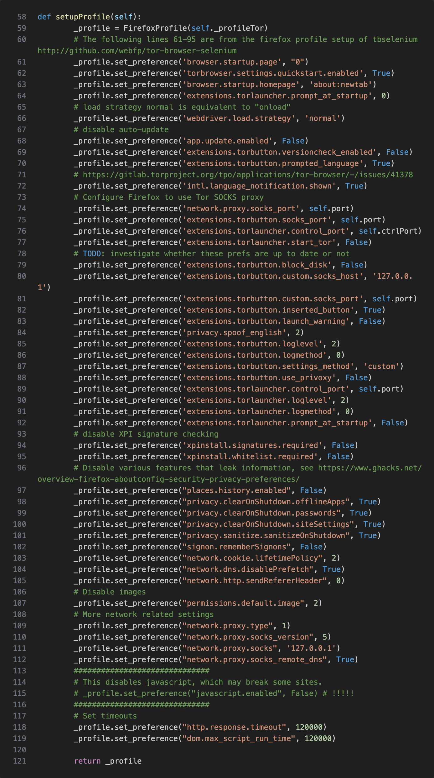Setup Firefox profile